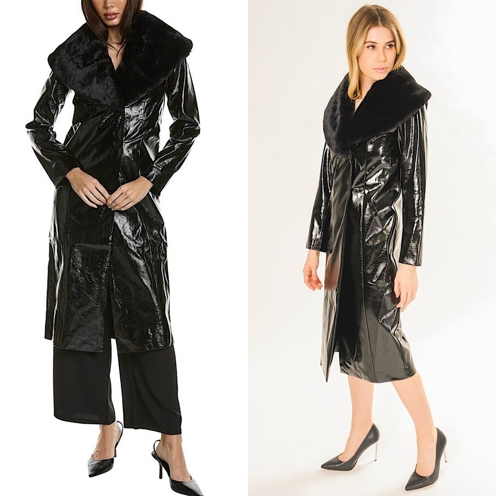 AREA STARS‎ Faux Fur Shawl Collar Vegan Patent Leather Penny Lane Trench Coat M